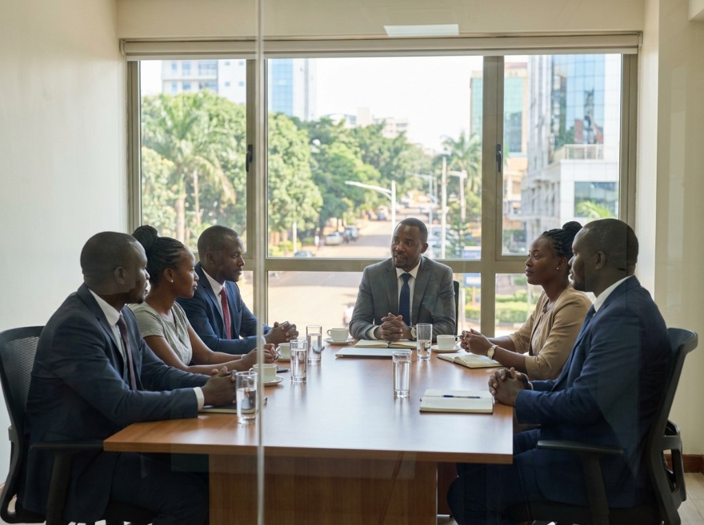 Professional business meeting in a bright boardroom overlooking a city