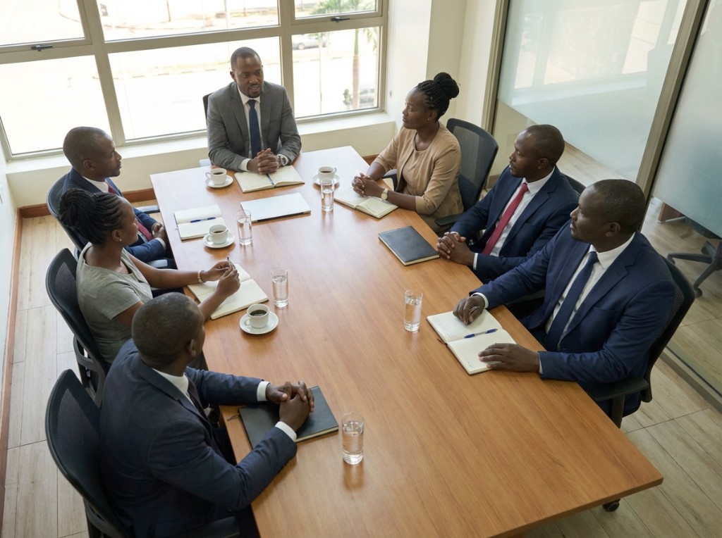 Professional team meeting around a conference table in a modern boardroom