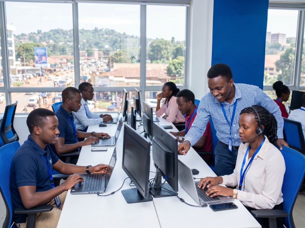 Team of Ugandan professionals collaborating in a modern office environment