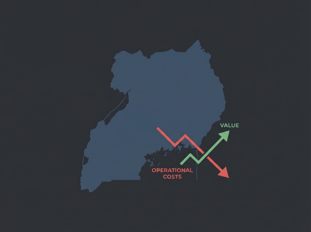 Financial chart showing increasing value and decreasing operational costs over a map of Uganda